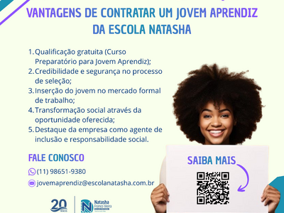 Contrate jovens aprendizes com a Escola Natasha Franco Vieira. 