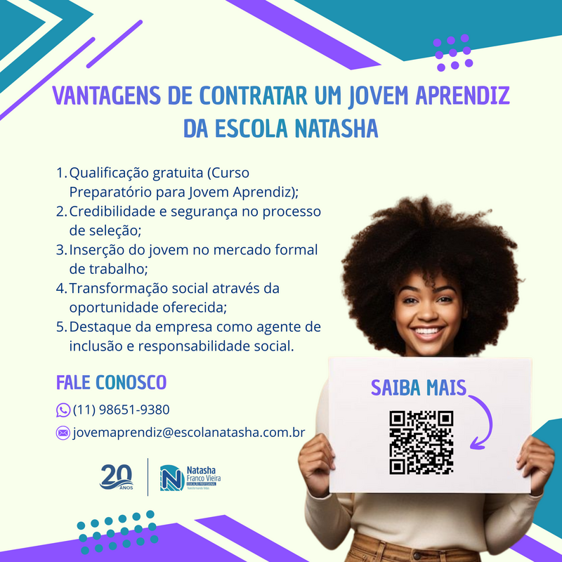 Contrate jovens aprendizes com a Escola Natasha Franco Vieira.