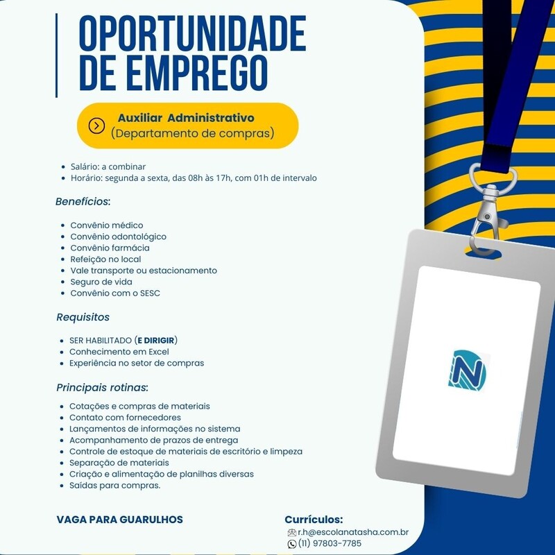📢 VAGA DISPONÍVEL – AUXILIAR ADMINISTRATIVO (Compras)